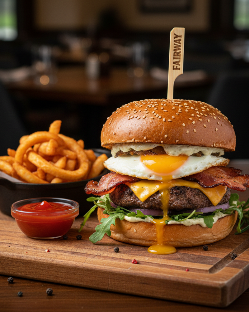 The signature Fairway Burger with gourmet toppings on a wooden board.