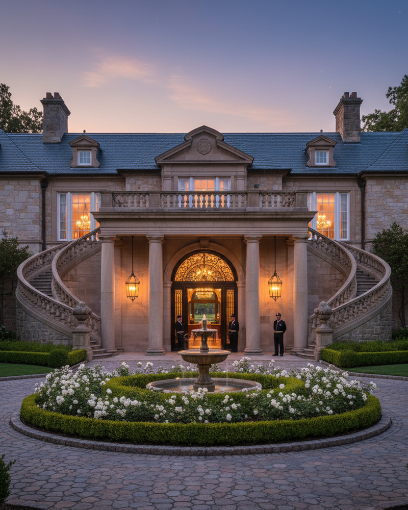 The grand entrance of the clubhouse at dusk.