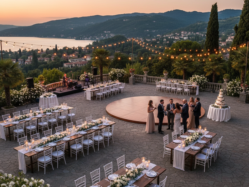 A wedding reception set up on the outdoor terrace.